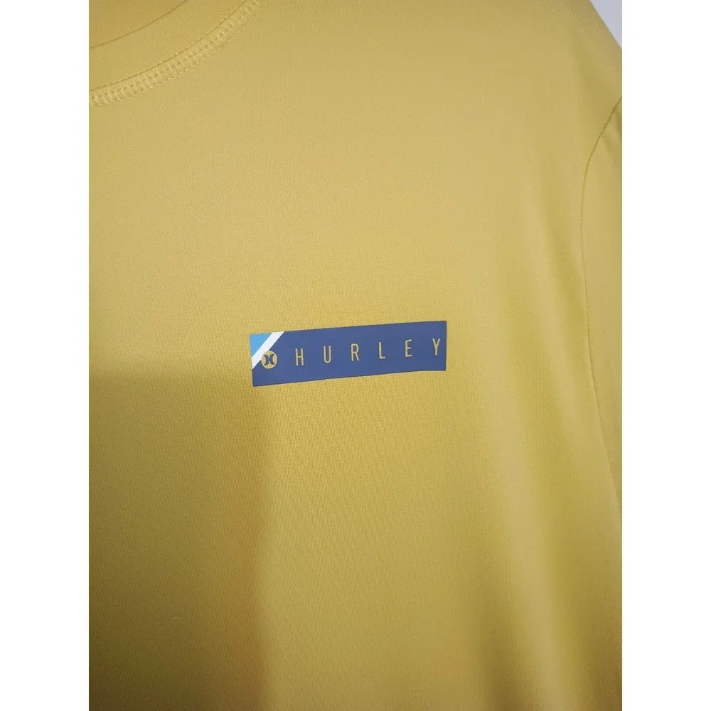 Hurley Yellow Extra Long Graphic Rash Guard Athletic Crew Neck Shirt Sz XL